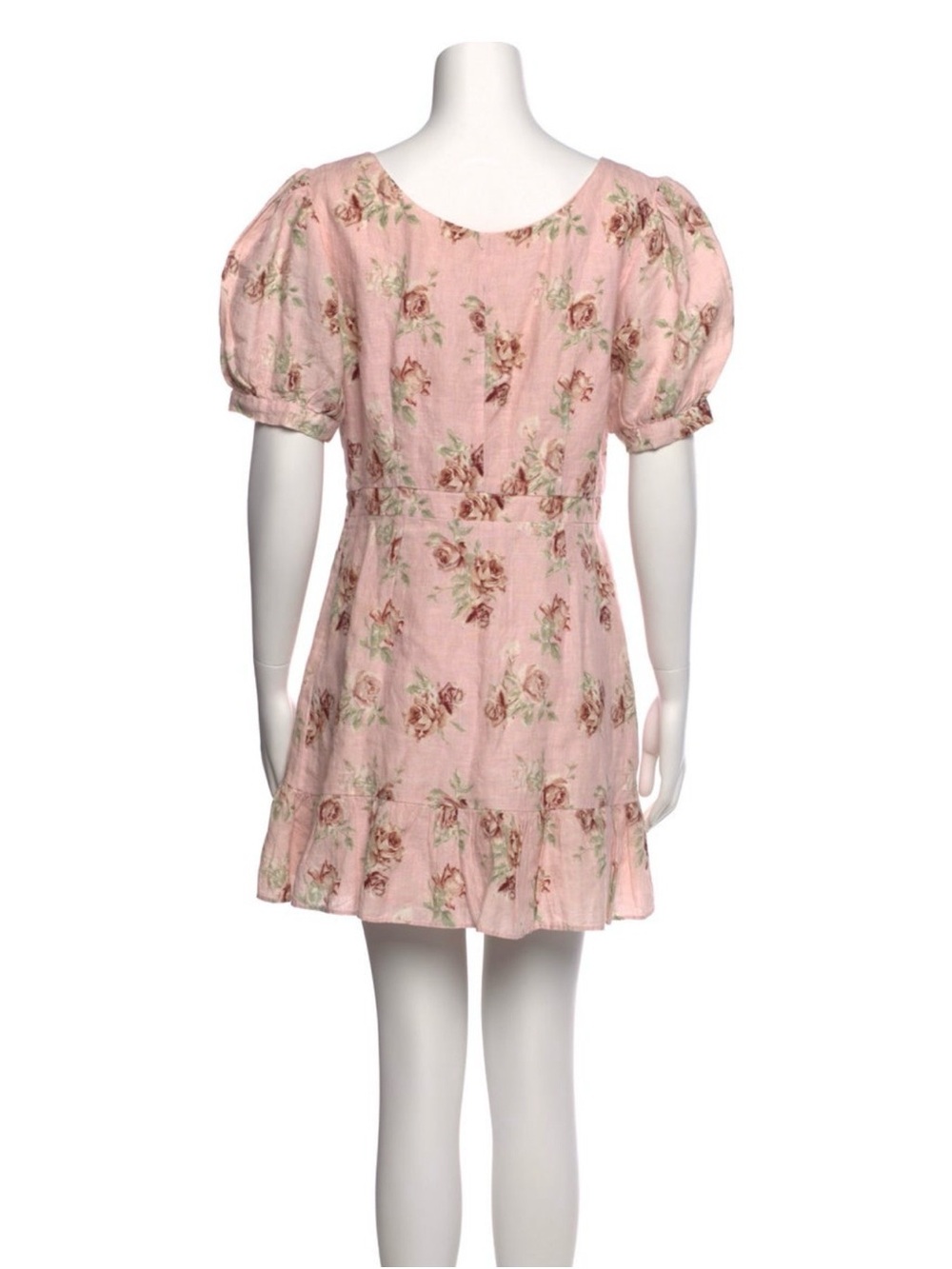 LoveShackFancy Pink Floral Linen Mini Dress Puff Sleeve Bow Detail Size Large - Picture 5 of 11